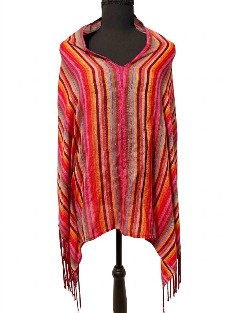 Cejon Lightweight Metallic Striped Scarf Wrap Poncho V-Neck Fringe Boho Cover Up